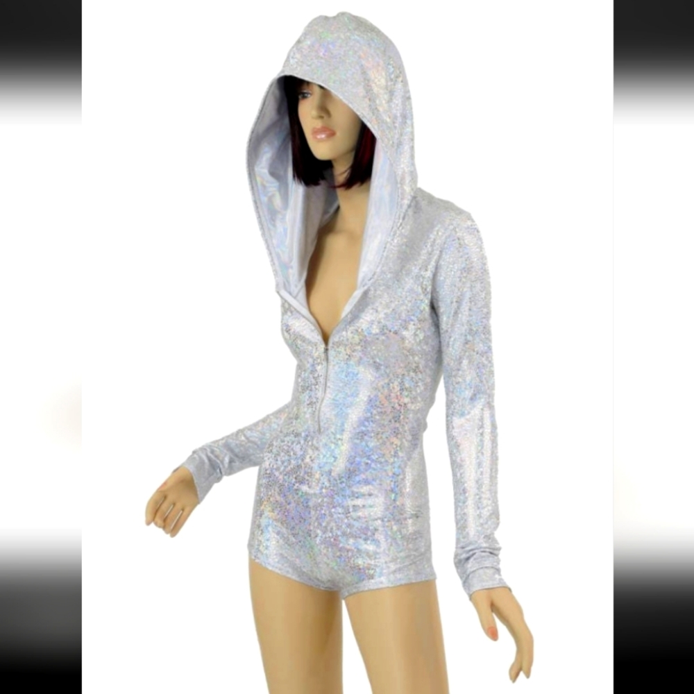 CoquetryClothing Holographic zippered Romper with long sleeves and hood